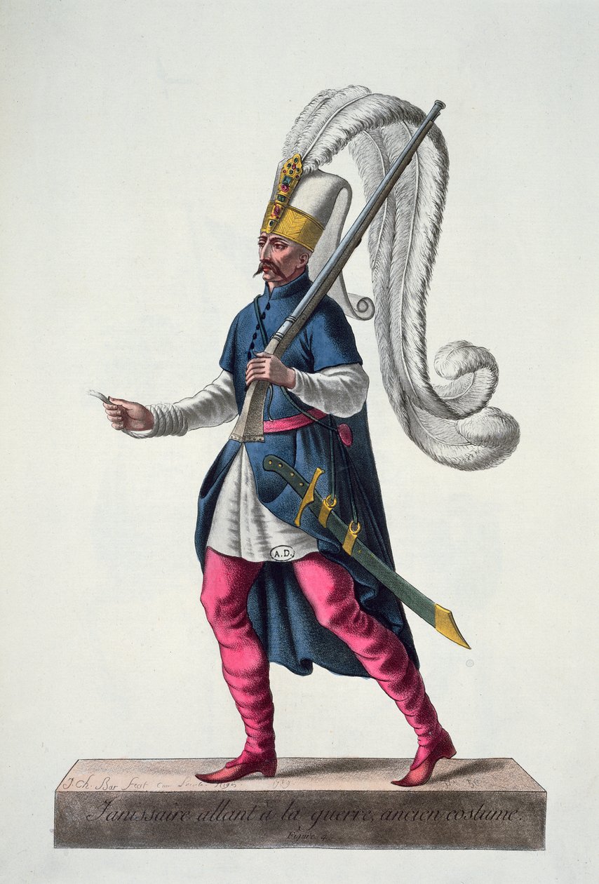 الإنكشاري التركي يذهب إلى الحرب في زي القرن السادس عشر ، من `` مجموعة من جميع الأزياء الدينية والدينية العسكرية ، 1789 (نقش الألوان) بواسطة شريط JC