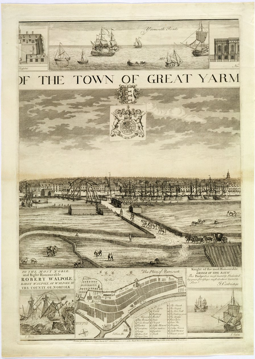 المنظر الغربي لمدينة يارموث العظيم في نورفولك ، منقوش بواسطة جون هاريس (fl.1686-1740) (انظر أيضًا 241066،241068) بواسطة J. Corbridge