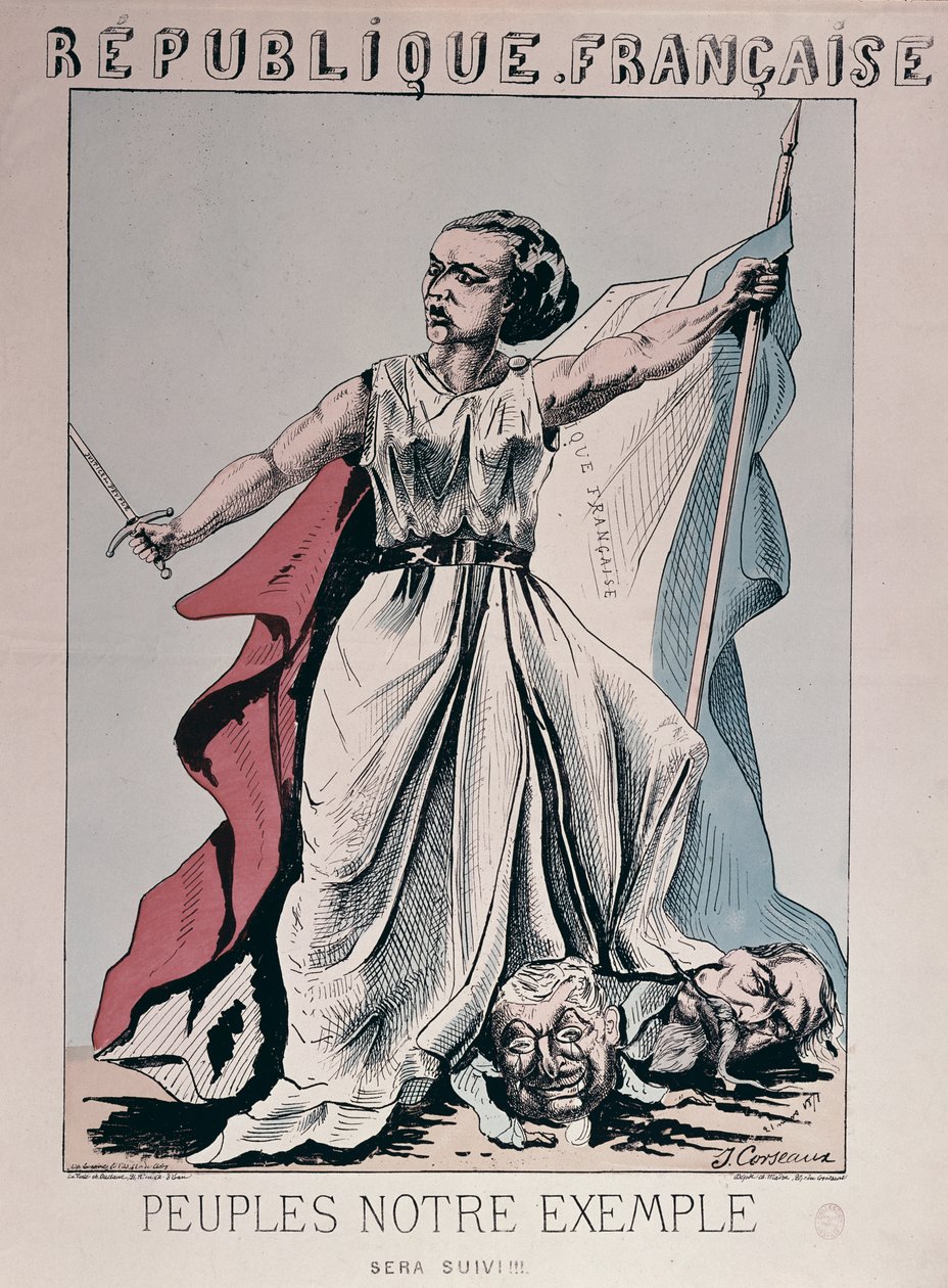 تجسيد الجمهورية الفرنسية لويز ميشيل (1830-1905) تدوس على رؤوس لويس أدولف ثيرز (1797-1877) ونابليون الثالث (1808-73) (نقش الألوان) بواسطة جيه. كورسو