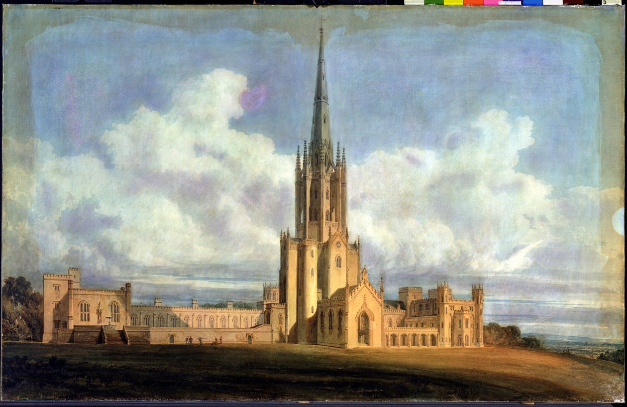 التصميم المتوقع لدير Fonthill ، Wiltshire ، 1798 (مرحاض على ورق منسوج مدعوم بالكتان) بواسطة جوزيف مالورد وليام تورنر