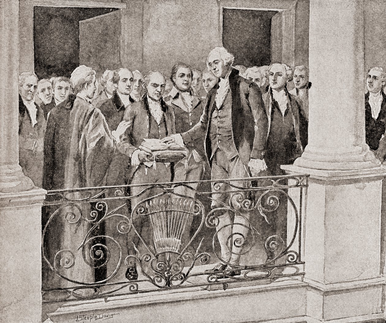 تم تنصيب جورج واشنطن الأول ، 30 أبريل 1789 ، من تاريخ بلادنا ، نشر عام 1905 بواسطة ستيبل ديفيس