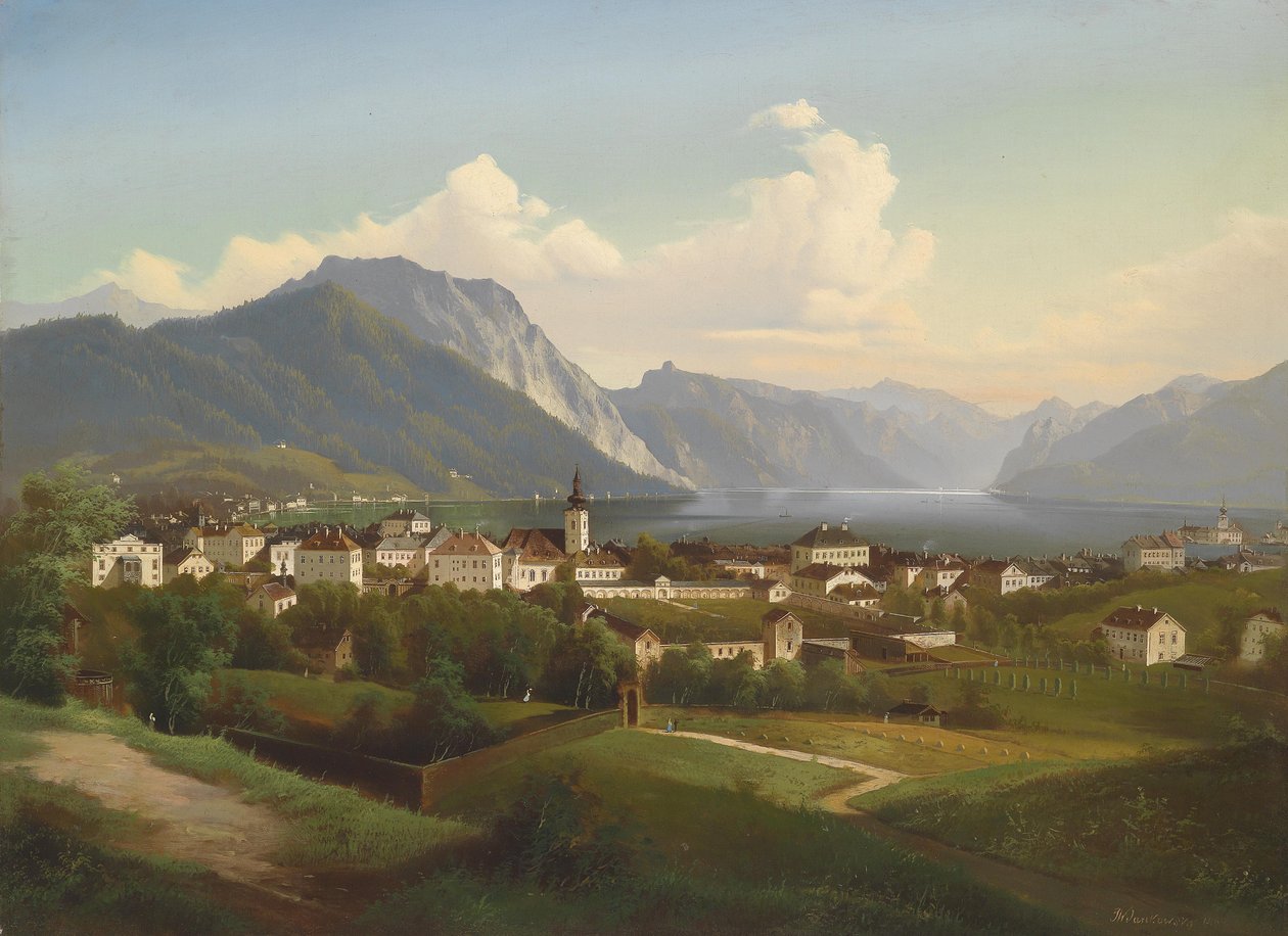 منظر ل Gmunden وقلعة Orth على بحيرة Traunsee بواسطة J. Wilhelm Jankowsky