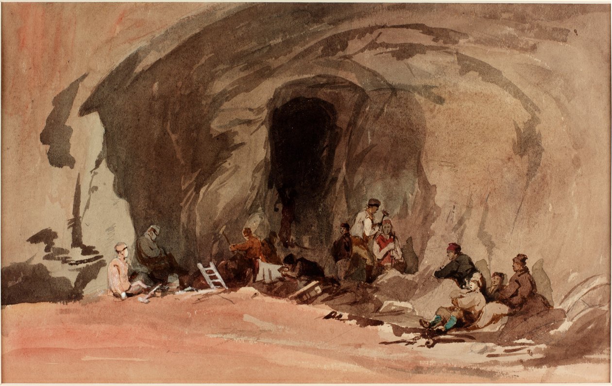 عمال المناجم ، مدخل منجم حديد ، 1845 (قلم رصاص ومرحاض على ورق (على البطاقة)) بواسطة جي بي براون