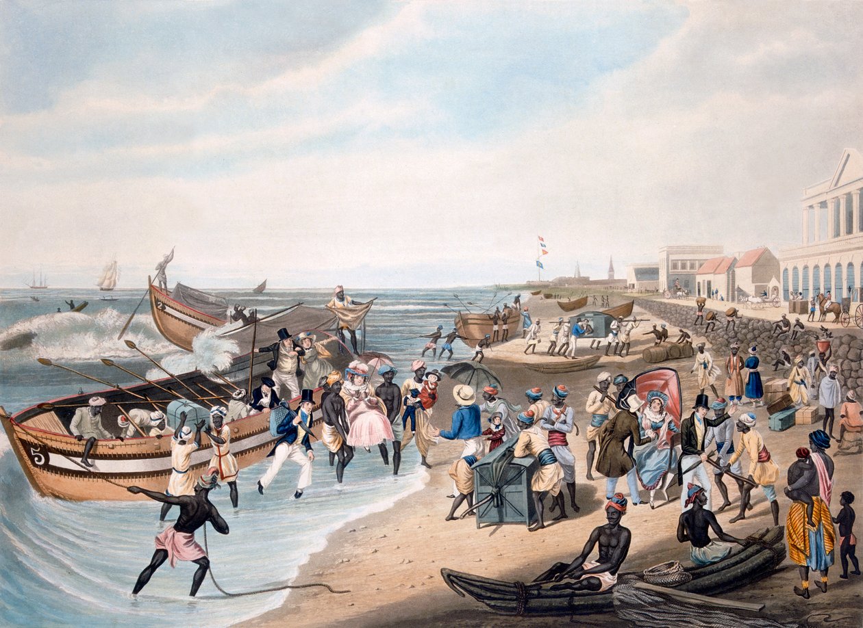 Madras Landing ، محفورة بواسطة C. Hunt ، نشرتها شركة Ackermann und Co. ، 1856 (أكواتينت) بواسطة JB East