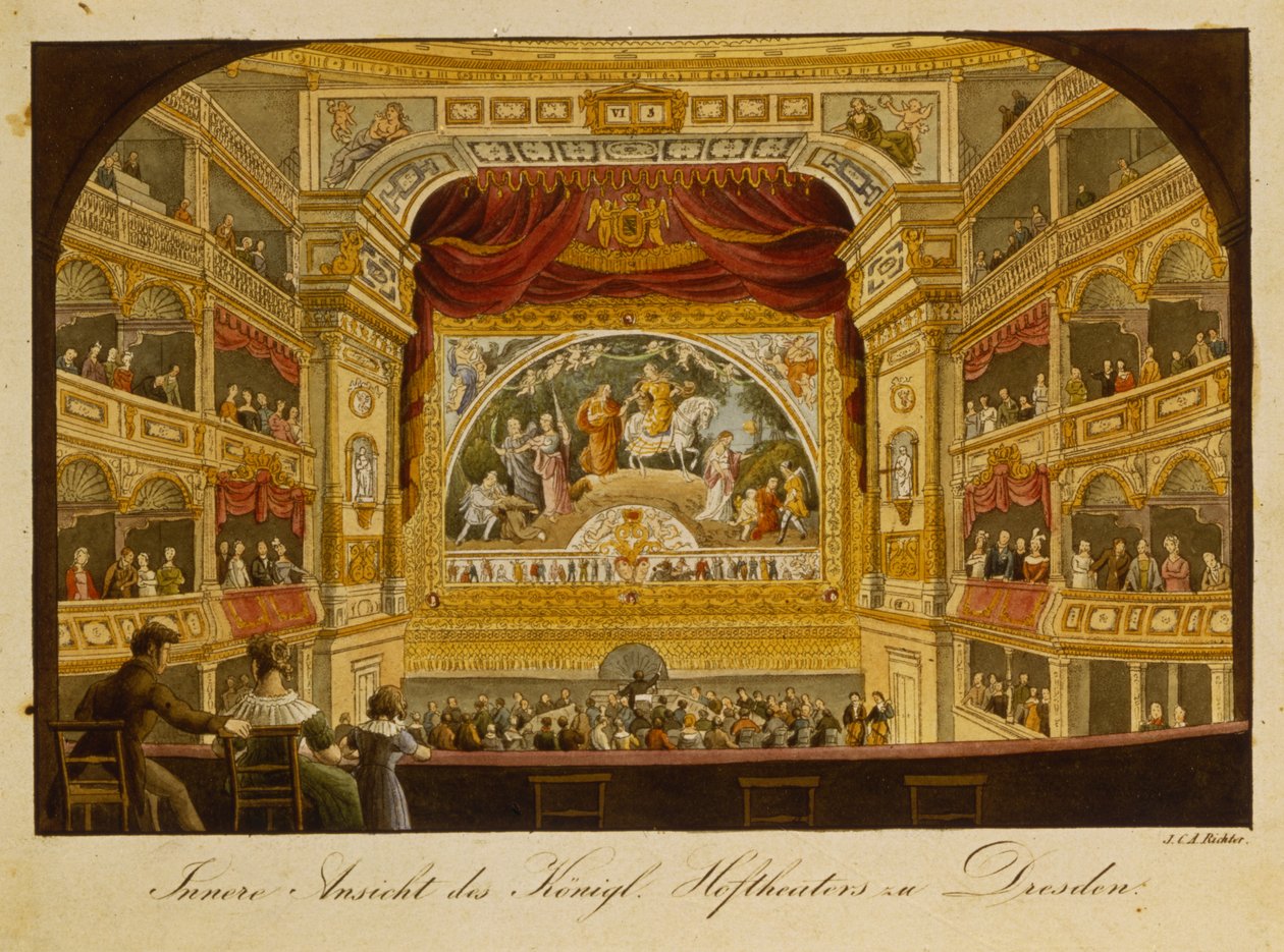 داخل المسرح الملكي في دريسدن ، c.1845 (نقش ملون باليد) بواسطة قاضي JCA