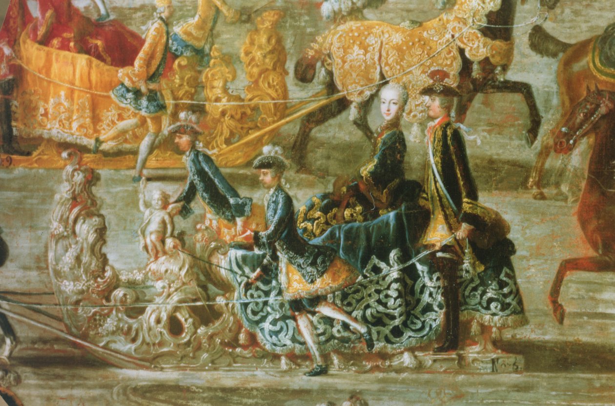 The Imperial Sleigh Ride بمناسبة زواج الإمبراطور جوزيف الثاني من النمسا من زوجته الثانية ماريا جوزيفا فون بايرن: تفاصيل مزلقة (انظر أيضًا 87694) بواسطة JC Auerbach