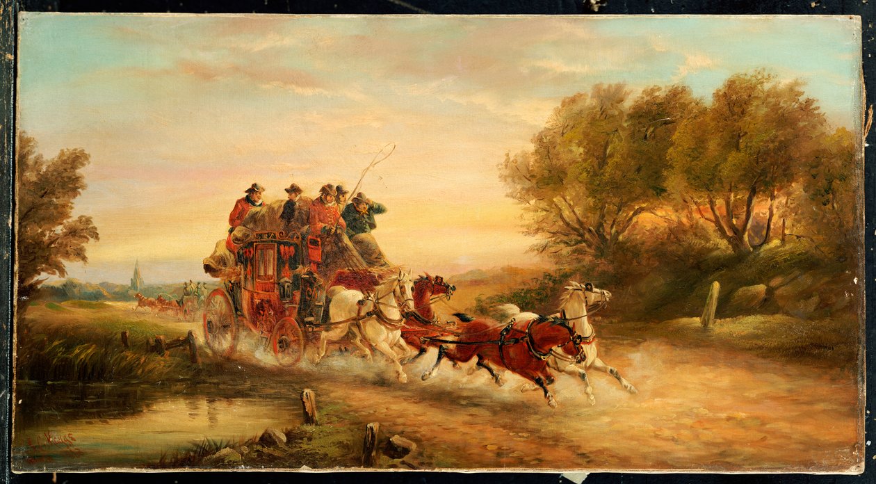 The Oxford to London Mail Coach ، 1883 بواسطة جي سي ماجس