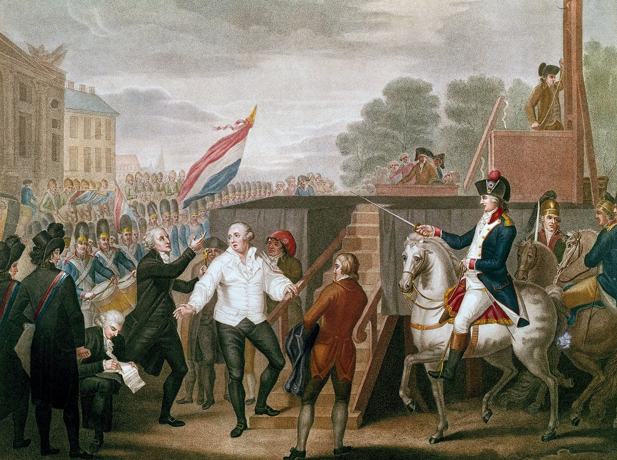 الثورة الفرنسية: "" الملك لويس السادس عشر مع معترفه إيدجوورث في 21/1/1793 "صعد الملك إلى السقالة. رسم توضيحي بواسطة JF Cazenave (1770-؟) 1793 بواسطة JF Cazenave