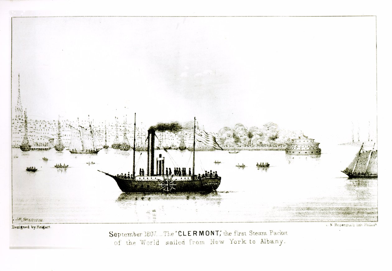 The Clermont ، أول حزمة بخارية ، تبحر من نيويورك إلى ألباني في سبتمبر 1807 ، محفورة بواسطة LN Rosenthal (الطباعة الحجرية) بواسطة JH Sherwin