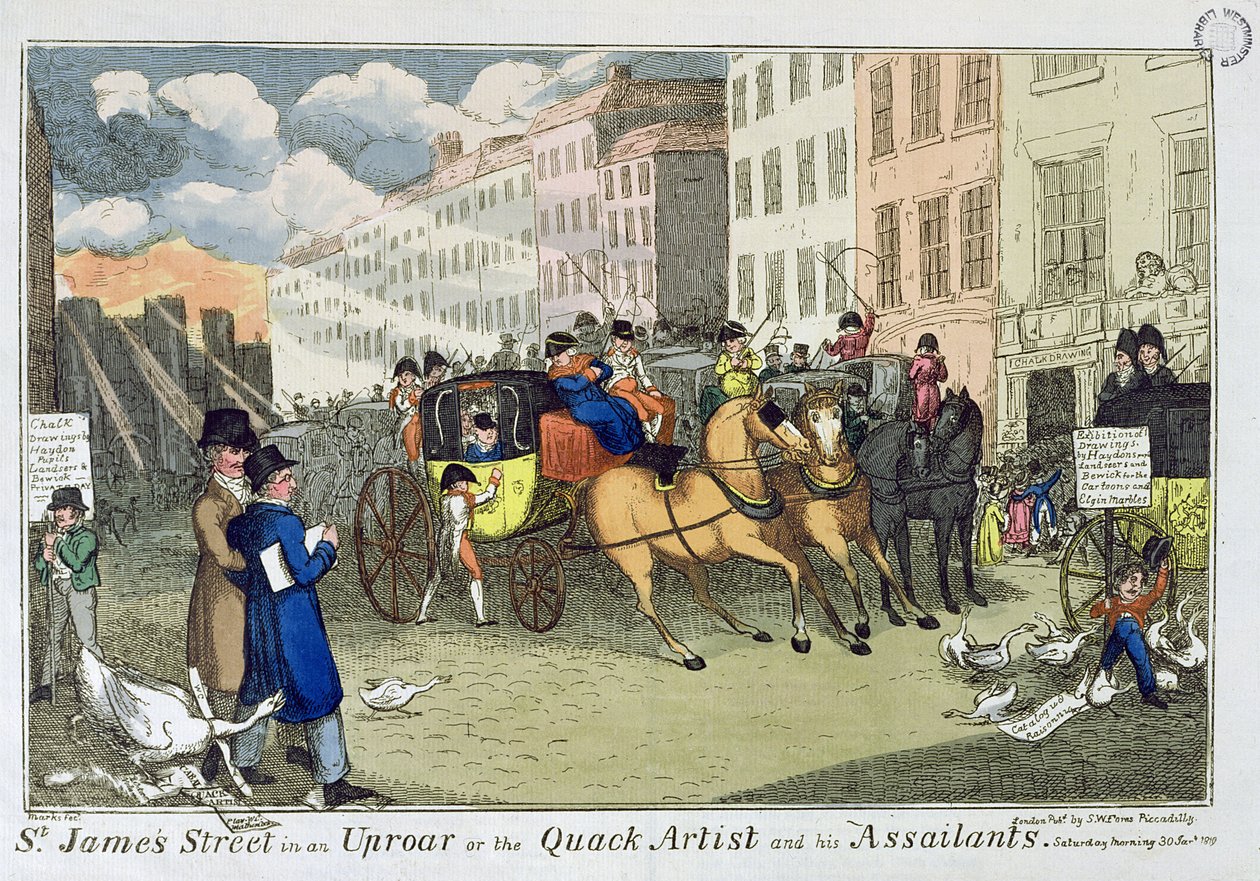 شارع سانت جيمس في ضجة ، أو الفنان المشعوذ ومهاجموه ، الحانة. بواسطة SW Fores ، 1819 (النقش الملون) بواسطة علامات JL