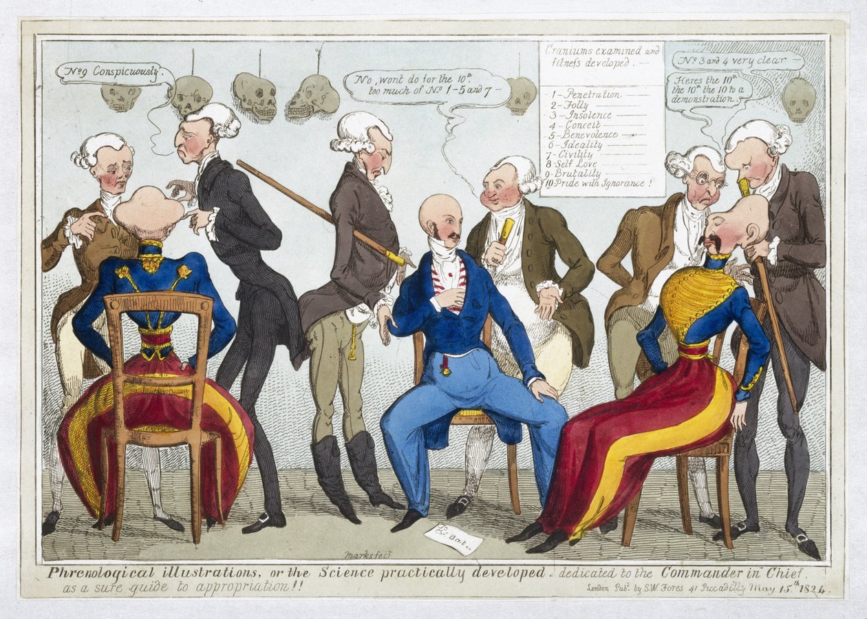 الرسوم التوضيحية الفرينولوجية ، أو العلوم التي تم تطويرها عمليًا ، 1824 (النقش الملون) بواسطة علامات JL