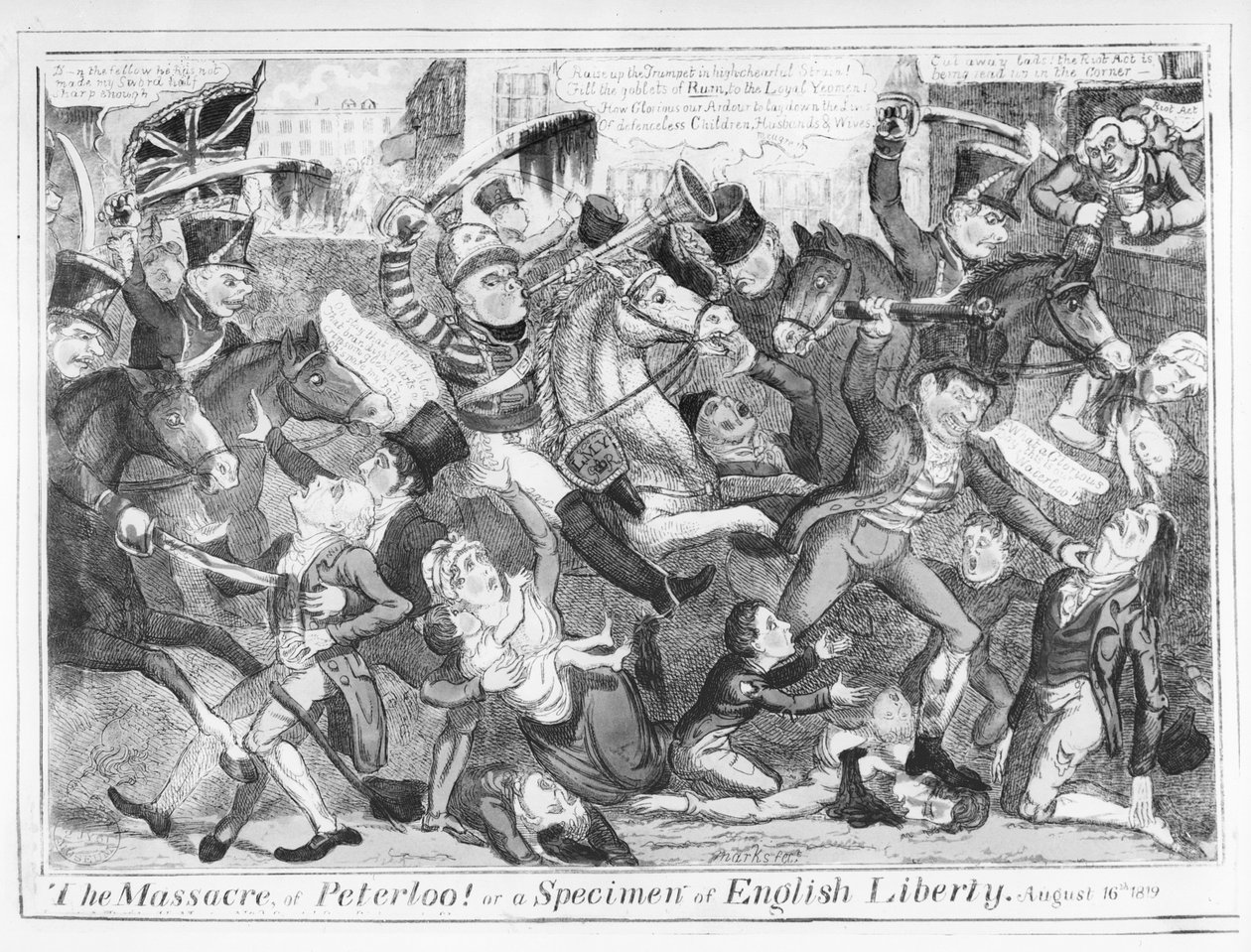 "مذبحة بيترلو! أو عينة من الحرية الإنجليزية، 16 أغسطس 1819" (نقش) بواسطة علامات JL