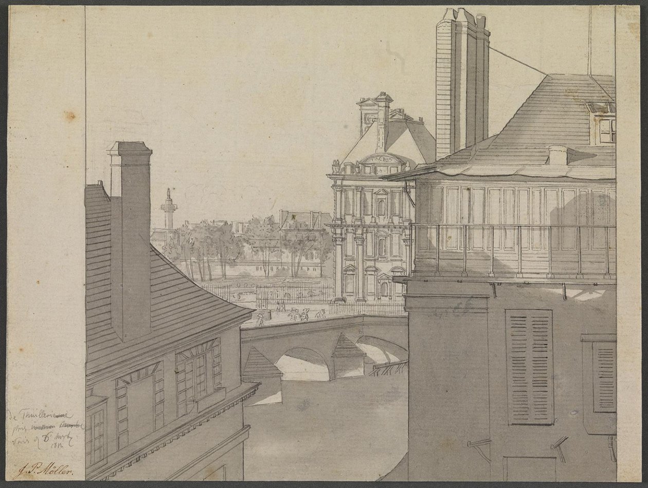 منظر من شقة JP Møller في Hotel d'Irlande ، Rue de Beaune no. 3 ، عبر نهر السين باتجاه التويلري وشارع ريفولي ، 6 مارس 1812 بواسطة جي بي مولر