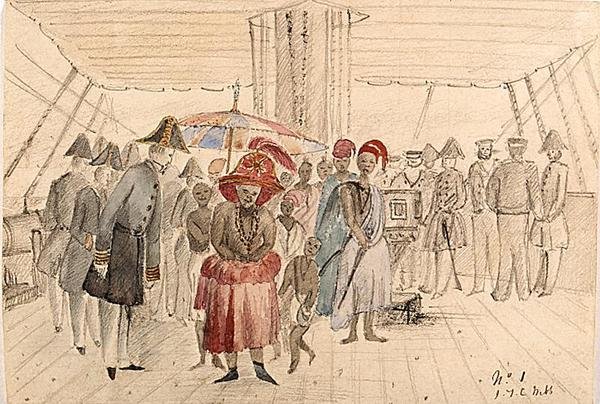 رؤساء غرب إفريقيا على متن سفينة بحرية ، حوالي عام 1850 (ألوان مائية وقلم رصاص على ورق) بواسطة JTC Webb