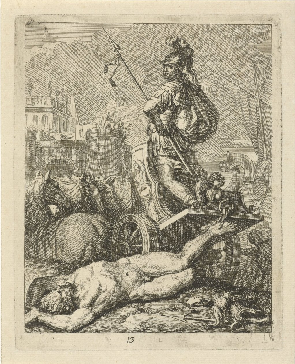 أخيل مع جثة هيكتور خلف عربته مشاهد من حياة أخيل (عنوان المسلسل) Vitam et mortem achilli (عنوان المسلسل) بواسطة ألكسندر يانسنز