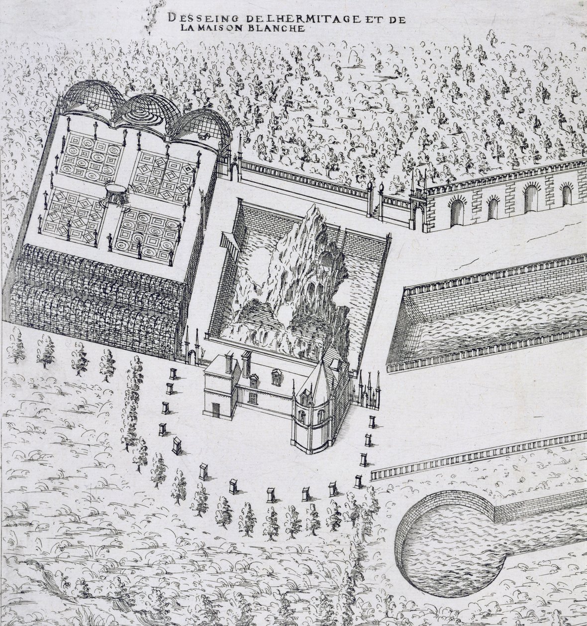 The Hermitage and the Maison Blanc at the Chateau de Gaillon ، من "Les Plus Belles Bastiments de France" ، تم نشره عام 1570 بواسطة J. Androuet Ducerceau