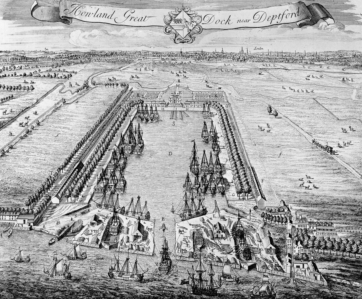 حوض Howland Great Dock ، بالقرب من Deptford ، c.1715-20 بواسطة J. Badslade