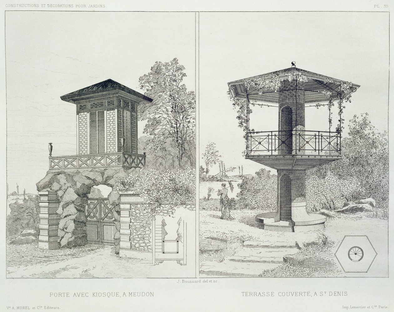 بوابة مع كشك ، Meudon ، وشرفة مغطاة ، St. Denis ، من حجم من التصاميم من قبل العديد من المهندسين المعماريين ، حانة. موريل وسي ، باريس ، حوالي 1880 (حفر) بواسطة جيه بوسارد