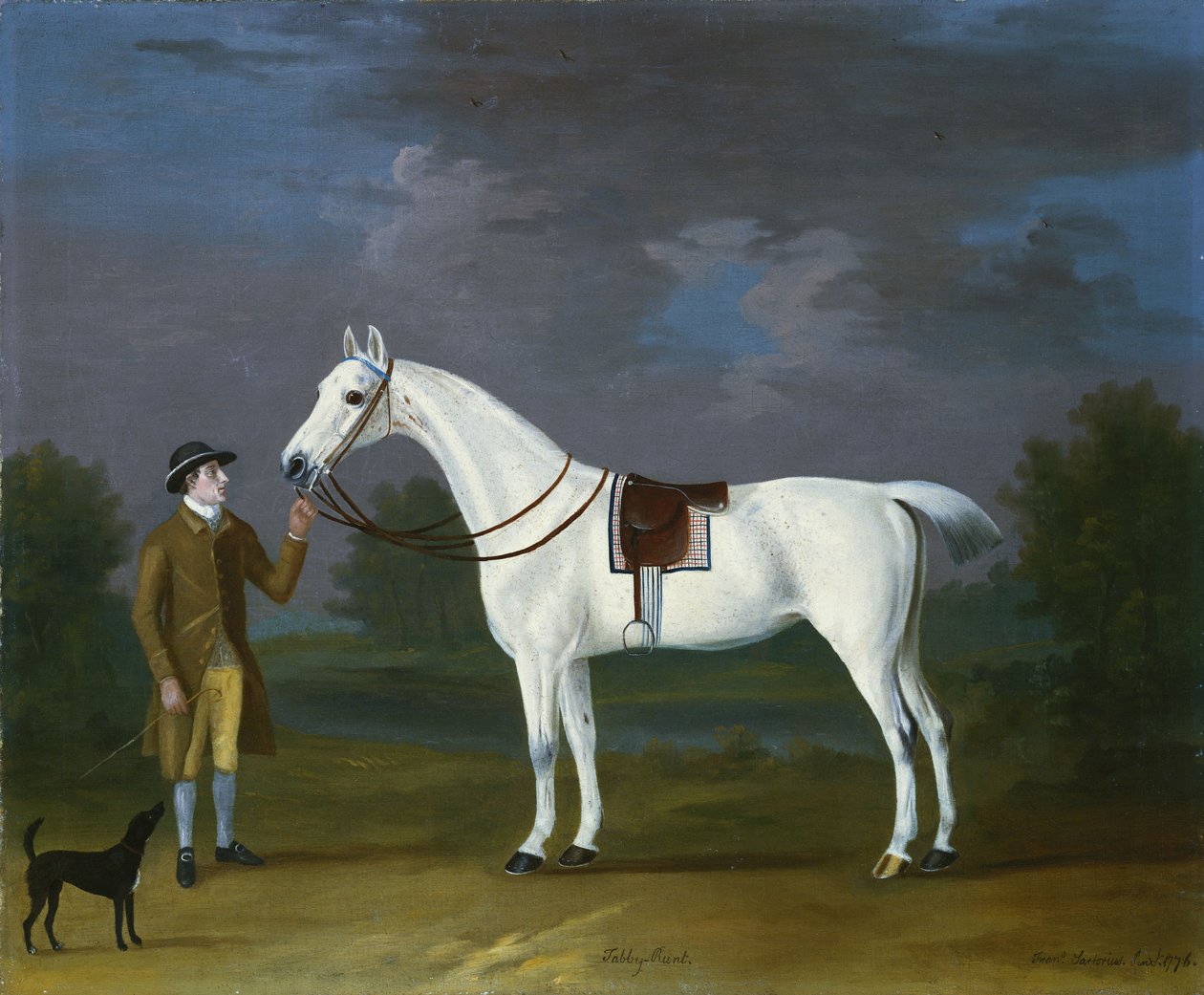 Tabby Runt "، صياد رمادي مع صاحبه وجحر في المناظر الطبيعية النهرية ، 1776 بواسطة ج. فرانسيس سارتوريوس