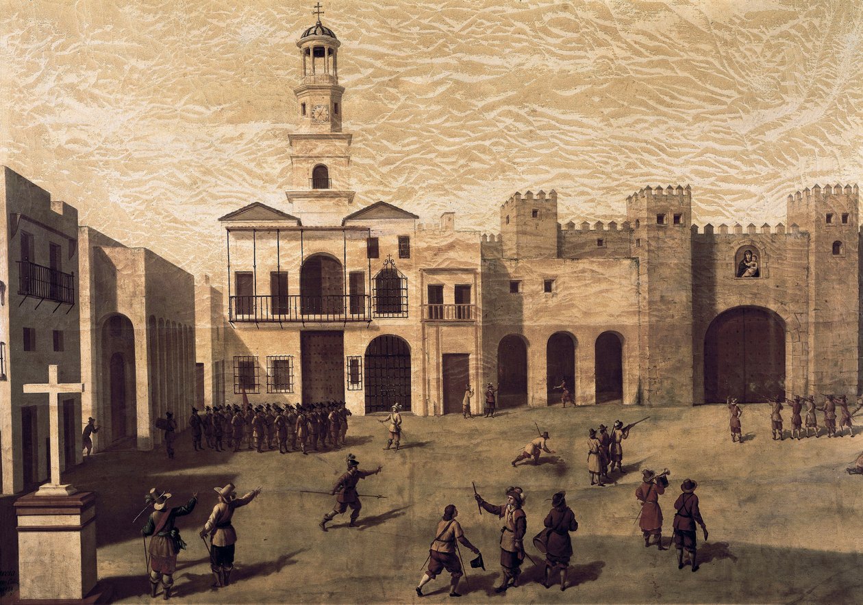 منظر لميدان سان خوان دي ديوس (القديس يوحنا الرب) ومبنى بلدية قادس ، في عام 1596. رسم جارسيا (السادس عشر). زيت على قماش بواسطة جارسيا