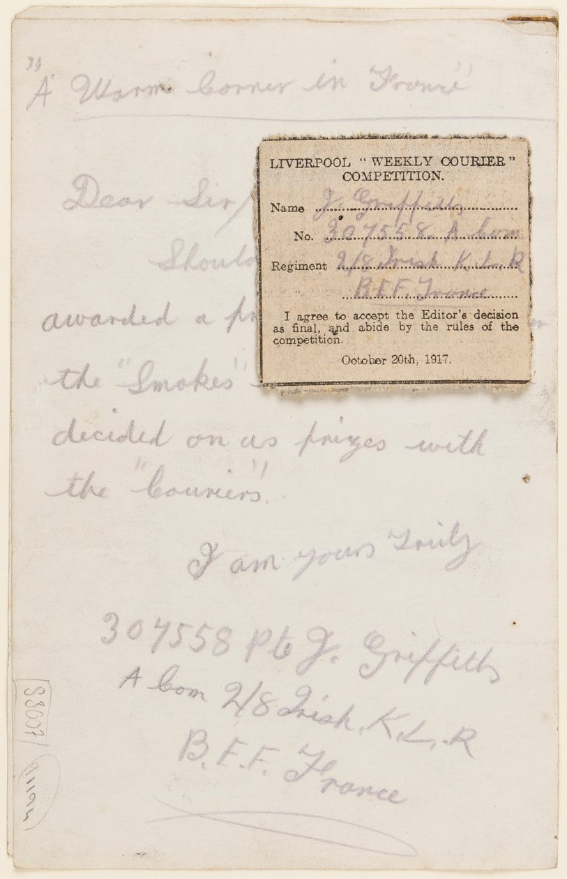 رسالة إلى محرر المنافسة في Liverpool Weekly Courier ، 1917 بواسطة جريفثس