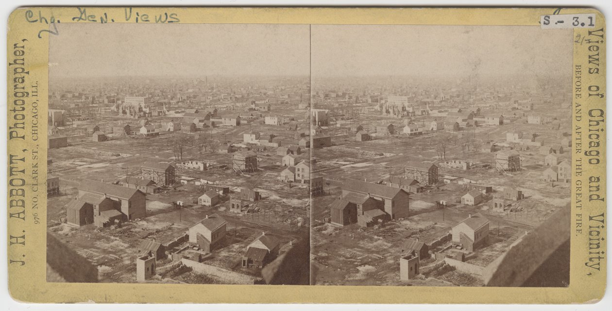 صورة مجسمة للمنظر الشمالي الغربي من برج المياه بعد حريق شيكاغو عام 1871 ، 1871 (صورة وزن الجسم على حامل البطاقة) بواسطة JH أبوت