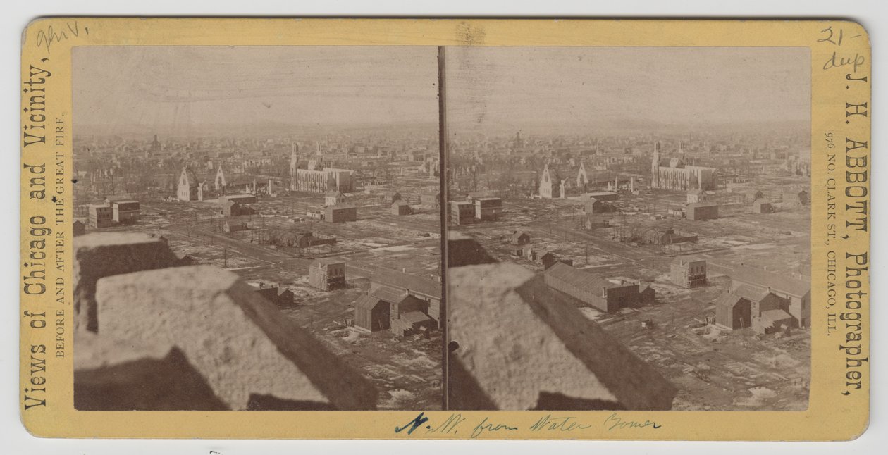 صورة مجسمة شمال غرب برج المياه بعد حريق شيكاغو عام 1871 بواسطة JH أبوت