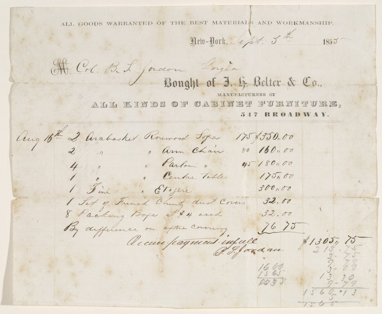 فاتورة بيع إلى العقيد BS الأردن ، 5 سبتمبر 1855 (حبر على ورق) بواسطة JH Belter and Co.JH Belter and Co.