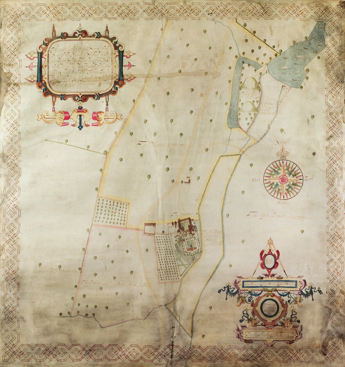 خريطة مانور شيفنال ، شروبشاير ، 1635 (حبر و لون على الرق) بواسطة جي هاريسون