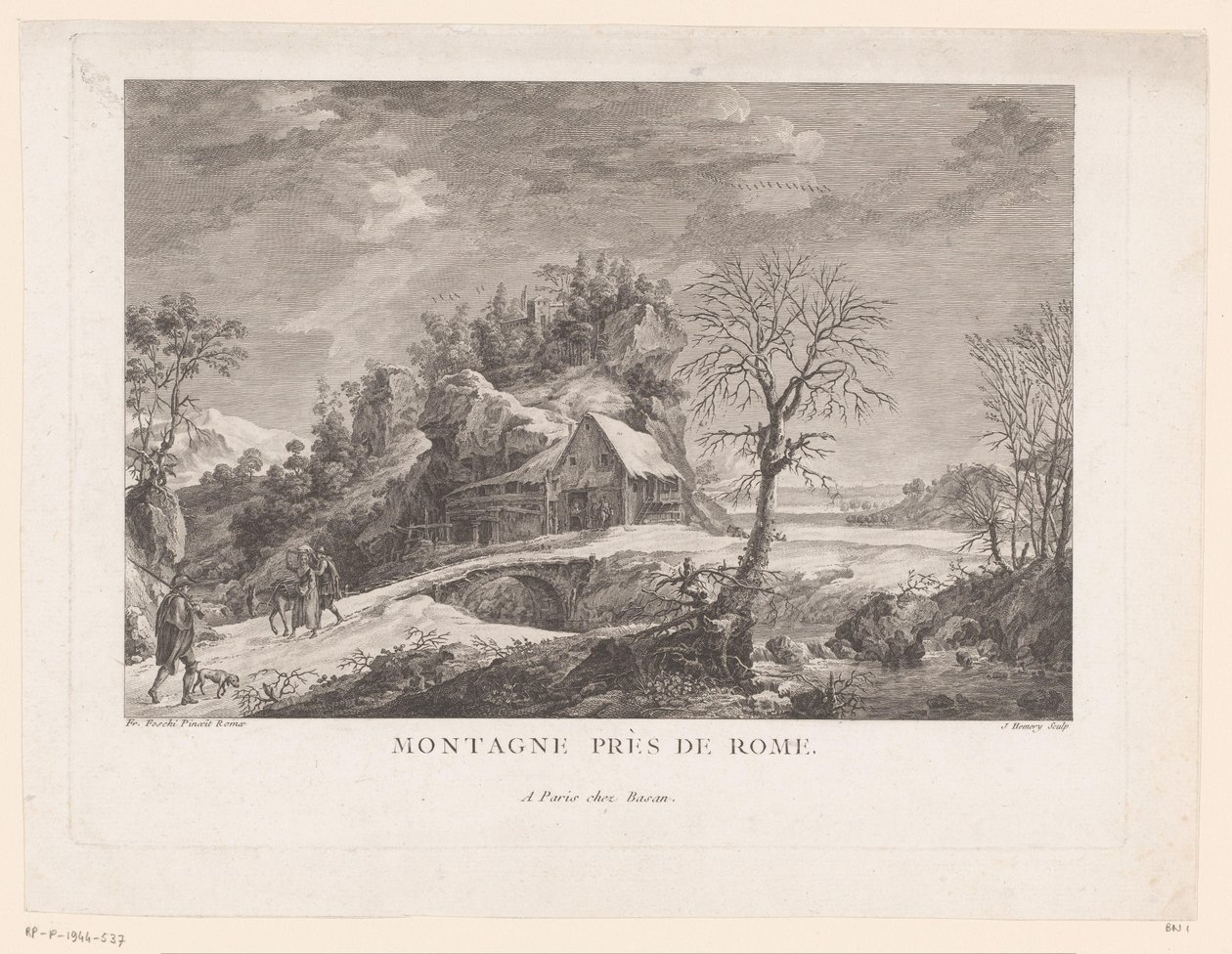 منظر لمنزل بالقرب من جسر به شخصيات Montagne près de Rome (العنوان على الكائن) بواسطة J. Hemery