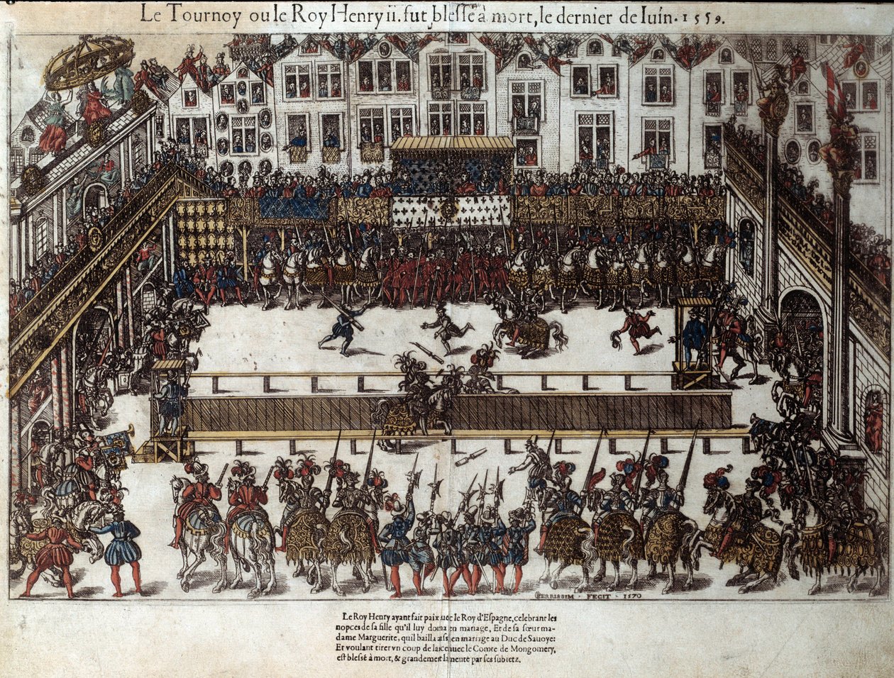 البطولة وموت هنري الثاني (30 يونيو 1559): في حفل زفاف ابنته (في الوقت الحالي des vosges) قاتل ضد غابرييل دي مونتغمري ، قائد الحرس الاسكتلندي ، الذي أضره بحربة في عينه. نقش القرن السادس عشر بواسطة Pe بواسطة جي جي وتورتوريل ج. (fl.1568-92) Perrissin