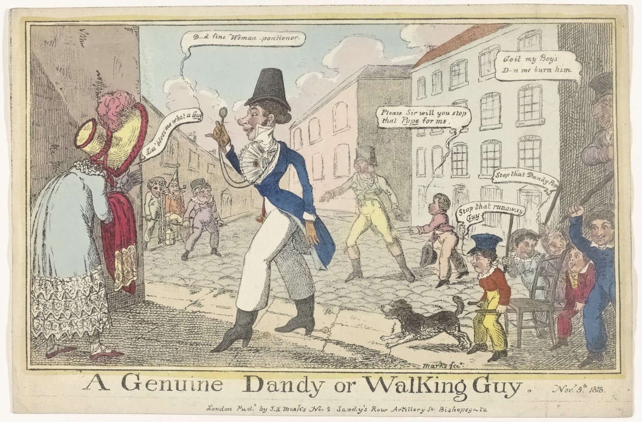 Spotprent op de dandy op Guy Fawkes Day A Genuine Dandy or Walking Guy (العنوان على الكائن) بواسطة J لويس ماركس