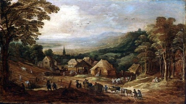 منظر خريفي مع الفلاحين بواسطة J. و Momper J. de Brueghel