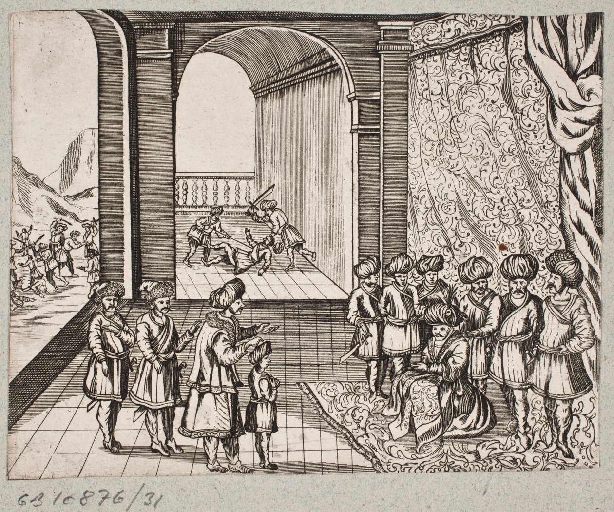 رسم توضيحي لآدم أوليريوس ، "روزنتال الفارسية لشاعر بارع شيش سعدي [...]" ، شليسفيغ 1660 بواسطة جي مولر