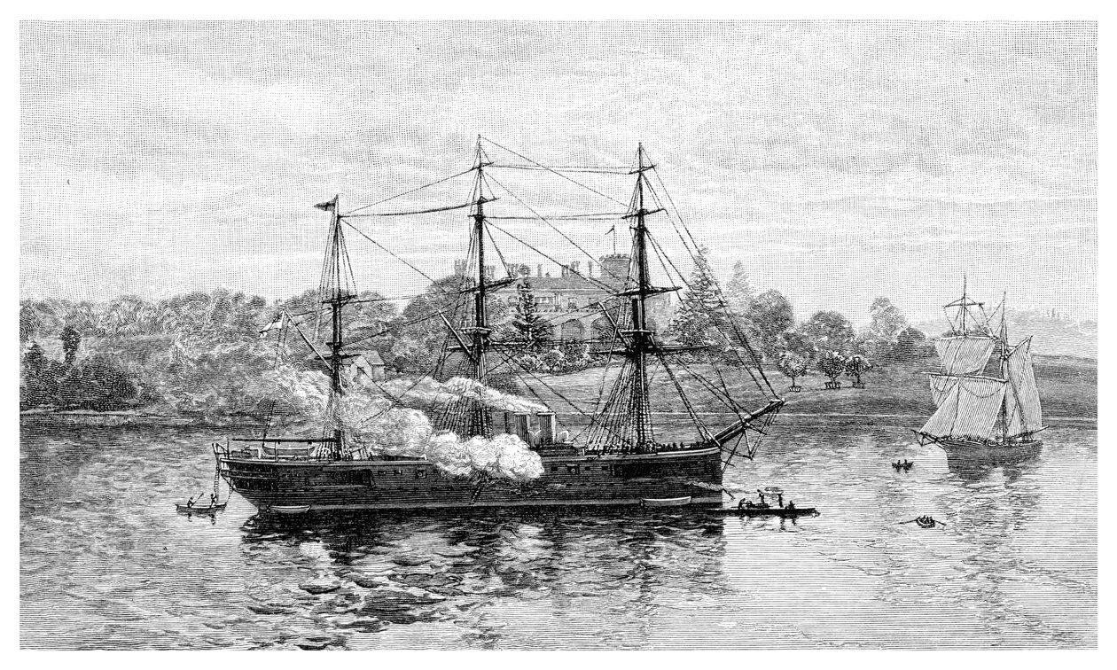 مقر الحكومة و HMS Nelson ، سيدني ، نيو ساوث ويلز ، أستراليا ، 1886. بواسطة جي آر أشتون
