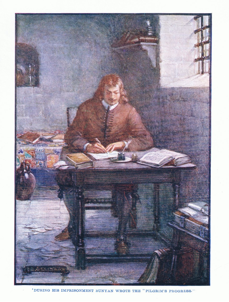 كتب بونيان أثناء سجنه تقدم الحجاج ، من حانة الأدب الإنجليزي. TC & EC Jack ، c.1920 بواسطة JR Skelton