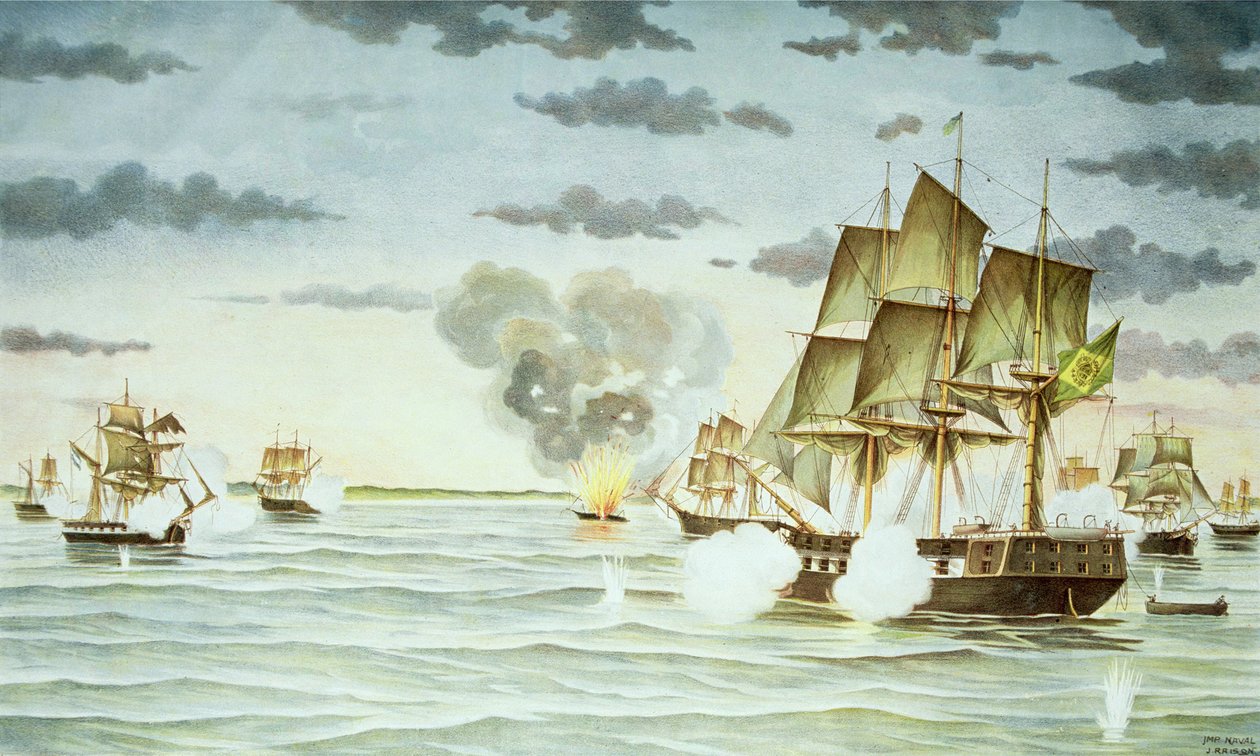 معركة كويلمز خلال حرب سيسبلاتين (1825-1828) بين أوروغواي والبرازيل (نقش) بواسطة J. رايسون