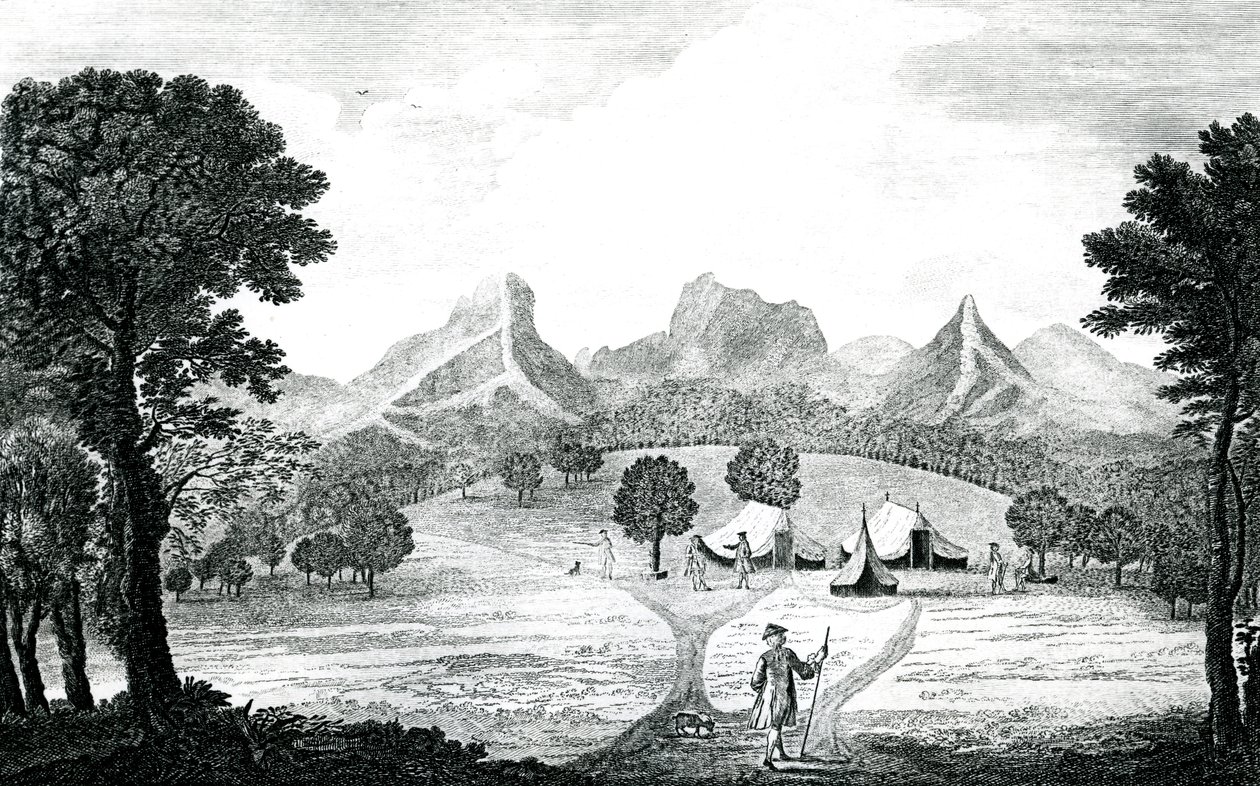 منظر لخيمة الكومودور في جزيرة خوان فرنانديز ، حوالي عام 1745 (نقش) بواسطة شبيبة ميسون