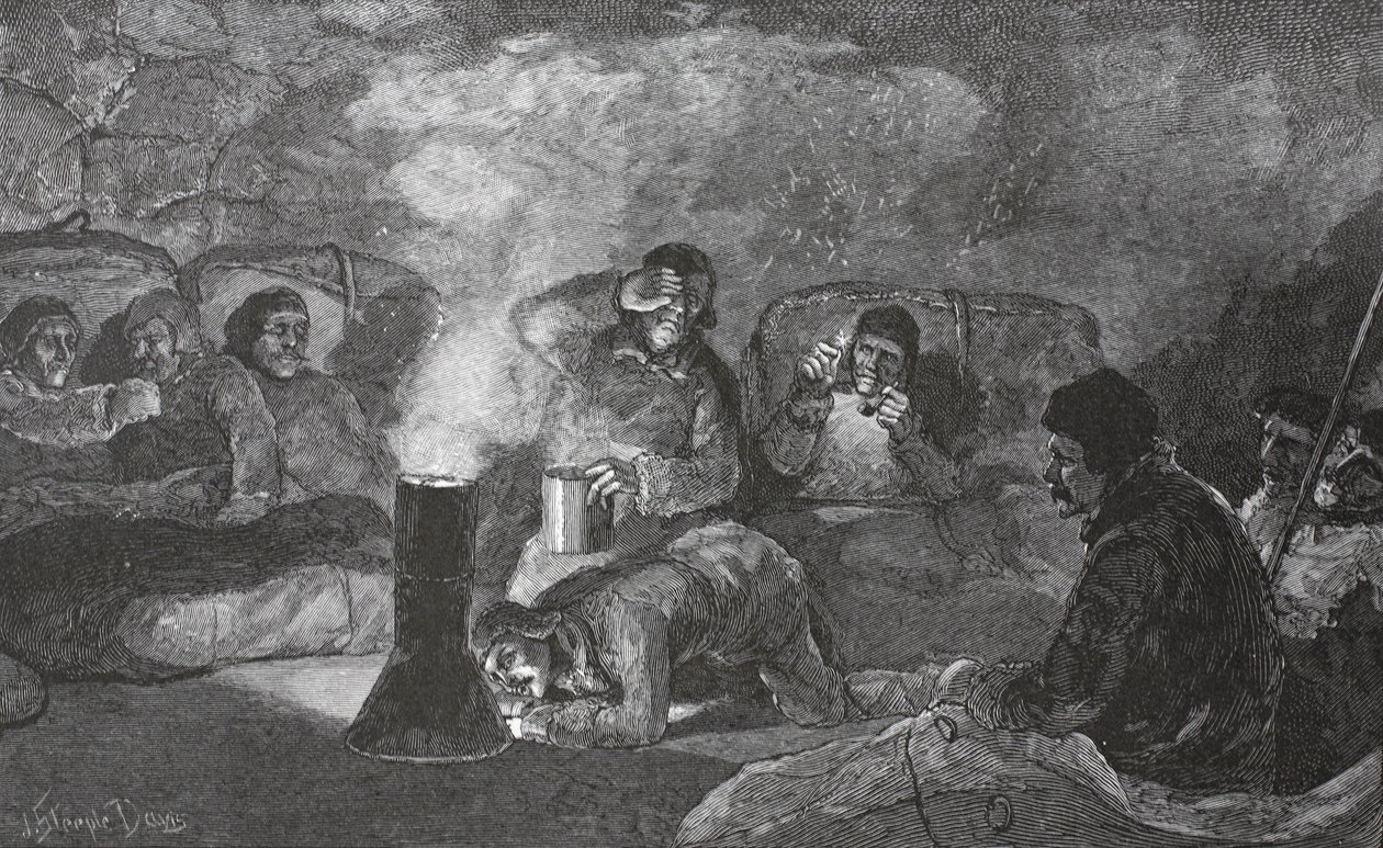 داخل الكوخ الشتوي لدينا في معسكر كلاي ، أثناء الطهي ، 1883 حانة. لندن 1886 بواسطة ستيبل ديفيس