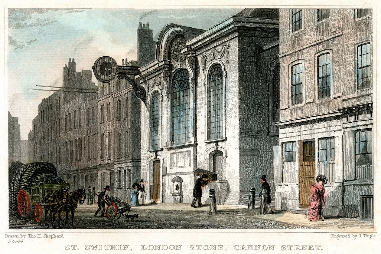 كنيسة سانت سويثين وحجر لندن ، شارع كانون ، مدينة لندن ، c1830. بواسطة J. Tingle