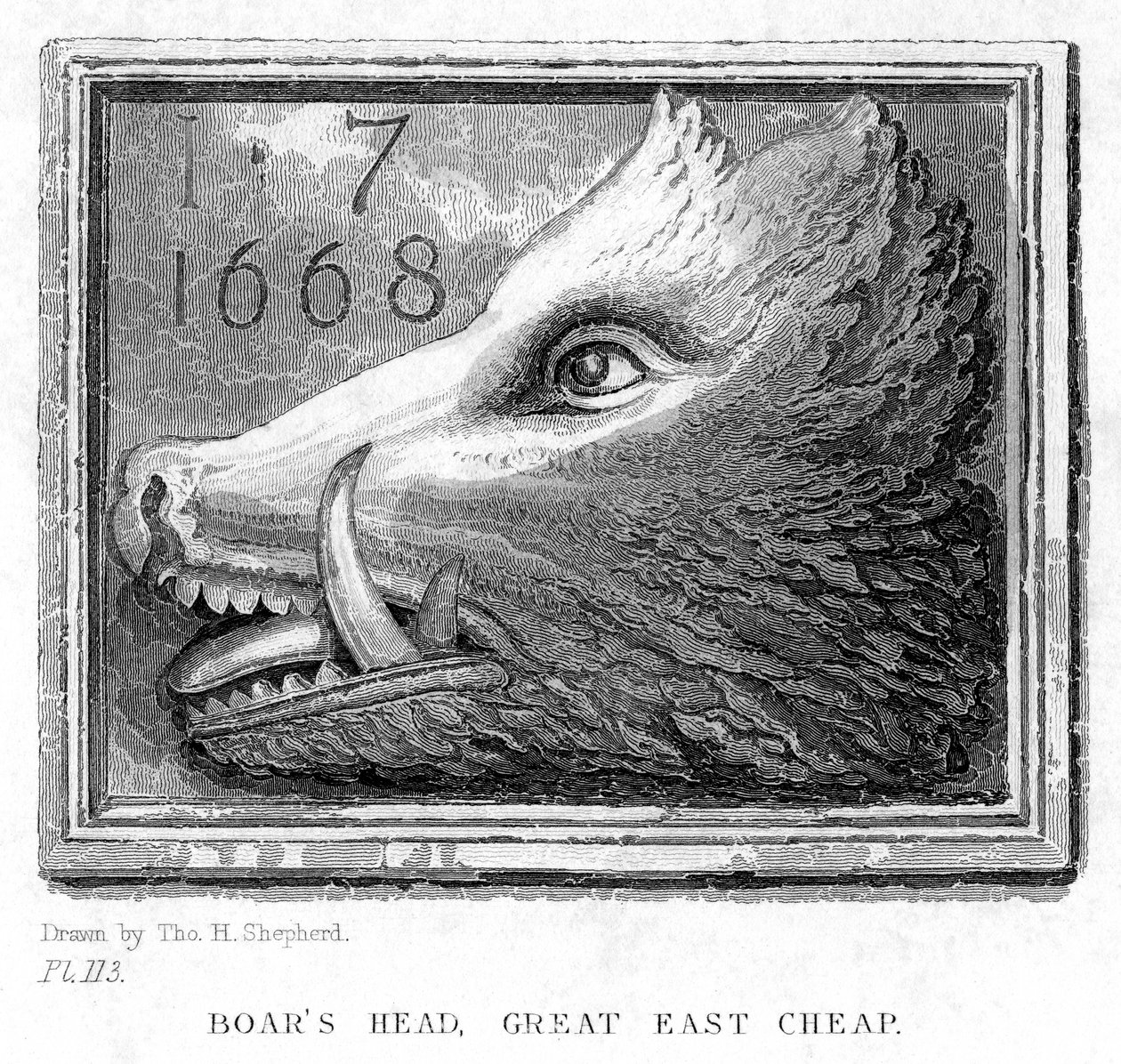 علامة نزل من حانة Boars Head ، Eastcheap ، لندن ، القرن التاسع عشر. بواسطة J. Tingle