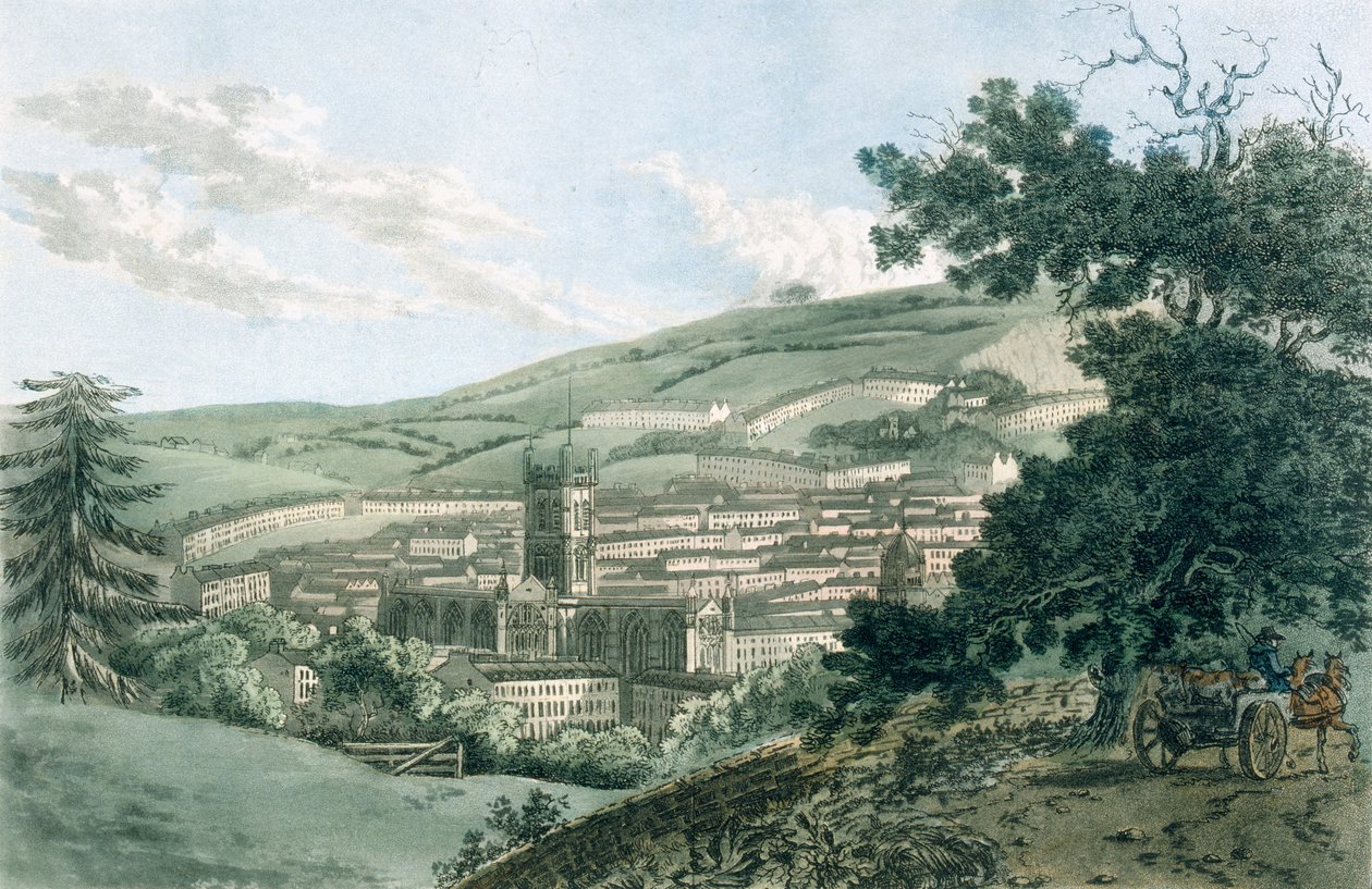 باث ، من الطريق الخاص المؤدي إلى Prior Park ، من "A Picturesque Guide to Bath، Bristol Hot-Wells، the River Avon and Adjacent Country" ، تم نشره عام 1793 (ألوان مائية) بواسطة J. and Ibbetson، JC Hassell