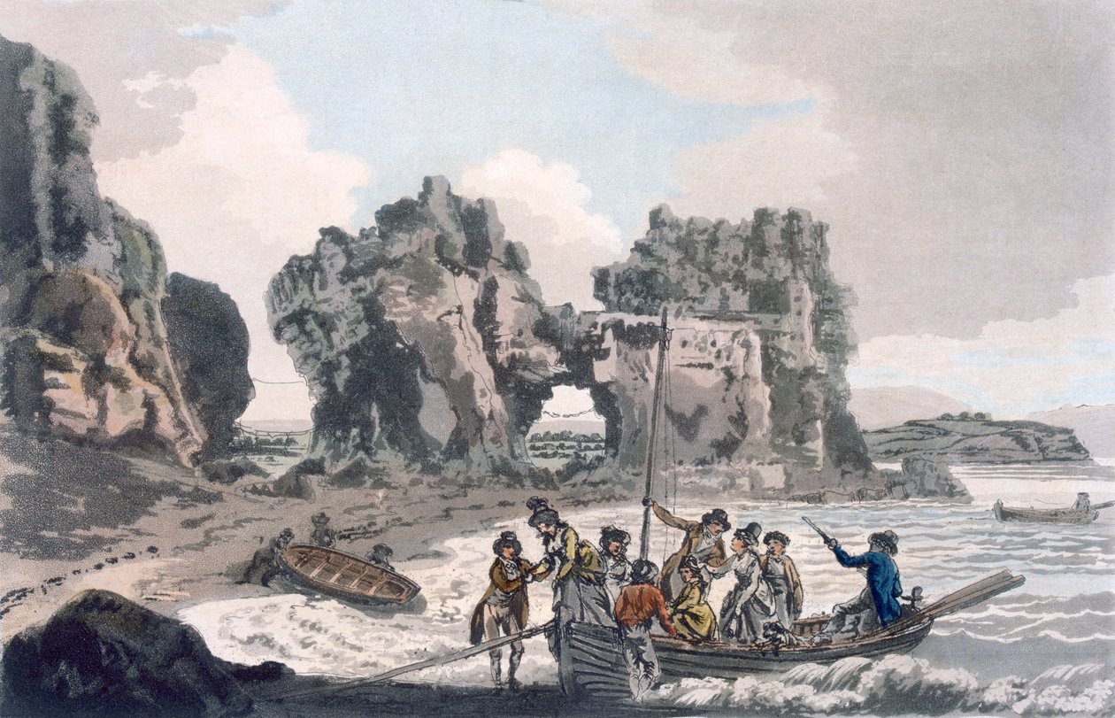 منظر لصخرة القلعة ، من مكان الهبوط في Flat Holmes ، من A Picturesque Guide to Bath ، Bristol Hot-Wells ، the River Avon and Adjacent Country ، تم نشره عام 1793 (ألوان مائية) بواسطة J. and Ibbetson، JC Hassell