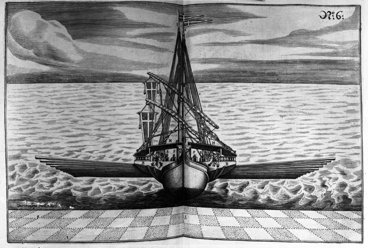 منظر أمامي لسفينة حربية ذات ساريتين ، رسم توضيحي من "Architectura Martialis" لجوزيف فورتينباخ ، تم نشره عام 1629 بواسطة يعقوب خادم