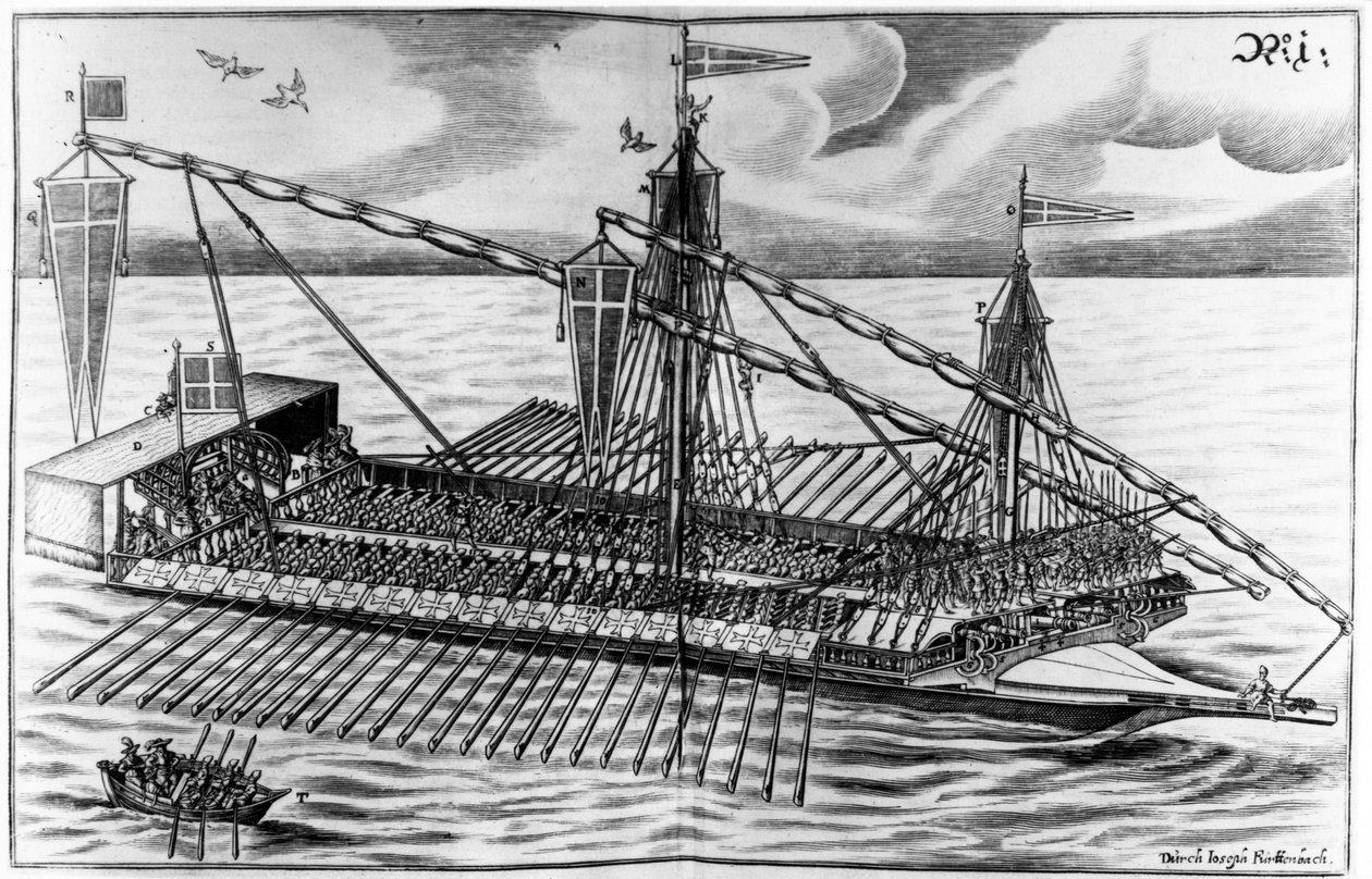 سفينة حربية ، رسم توضيحي من "Architectura Martialis" لجوزيف Fürtenbach ، تم نشره عام 1629 بواسطة يعقوب خادم
