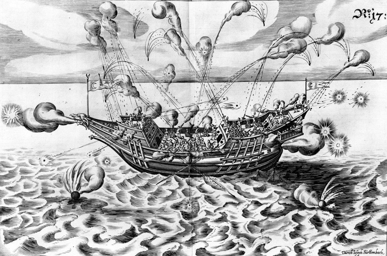 سفينة حربية ، رسم توضيحي من &39;Architectura Martialis&39; ، تم نشره عام 1629 بواسطة يعقوب خادم