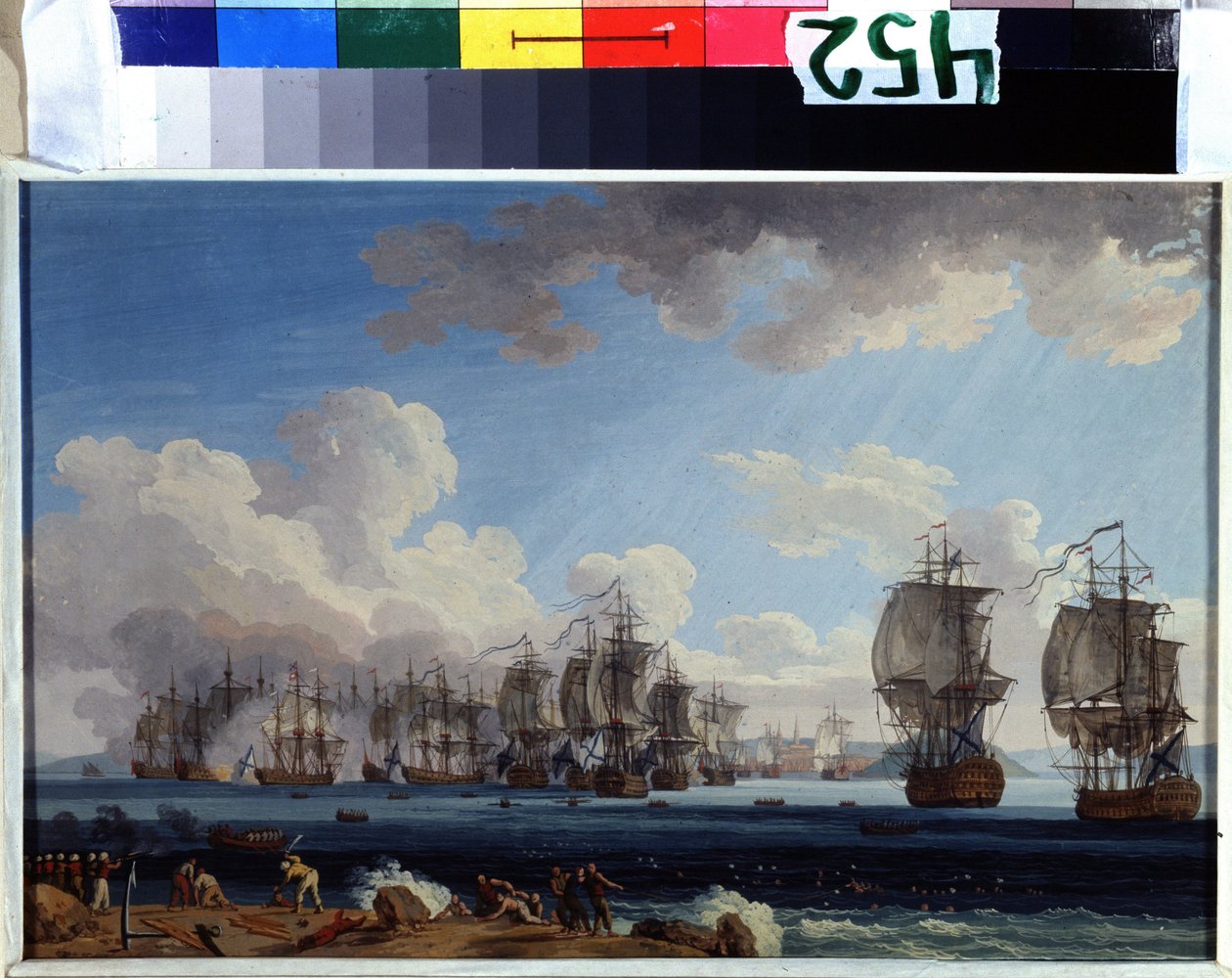 "" معركة تشيشمي في 5/7/1770 "(معركة تشيسما البحرية في 5 يوليو 1770) عارضت أساطيل روسيا كاثرين الثانية والإمبراطورية العثمانية ضد خيوس في اليونان (ثورة أورلوف أو بعثة الأخوين أورلوف). لوحة الغواش بواسطة جاكوب فيليب هاكيرت