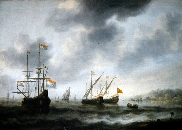 السفينة الرائدة الهولندية De Roode Leeuw وسفينتان إنجليزيتان (زيت على قماش) بواسطة جاكوب أدريانز. بلفوا
