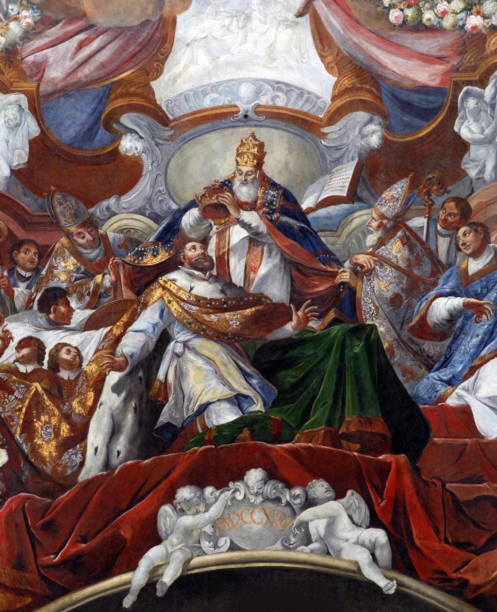 Sacre (Couronnement) de Charlemagne (742 - 814) en 800 par le Pape Leon III - التتويج الإمبراطوري لتشارلز العظيم بواسطة البابا ليو الثالث في 800 par Stauder، جاكوب كارل (1694-1756) بواسطة جاكوب كارل شتاودر