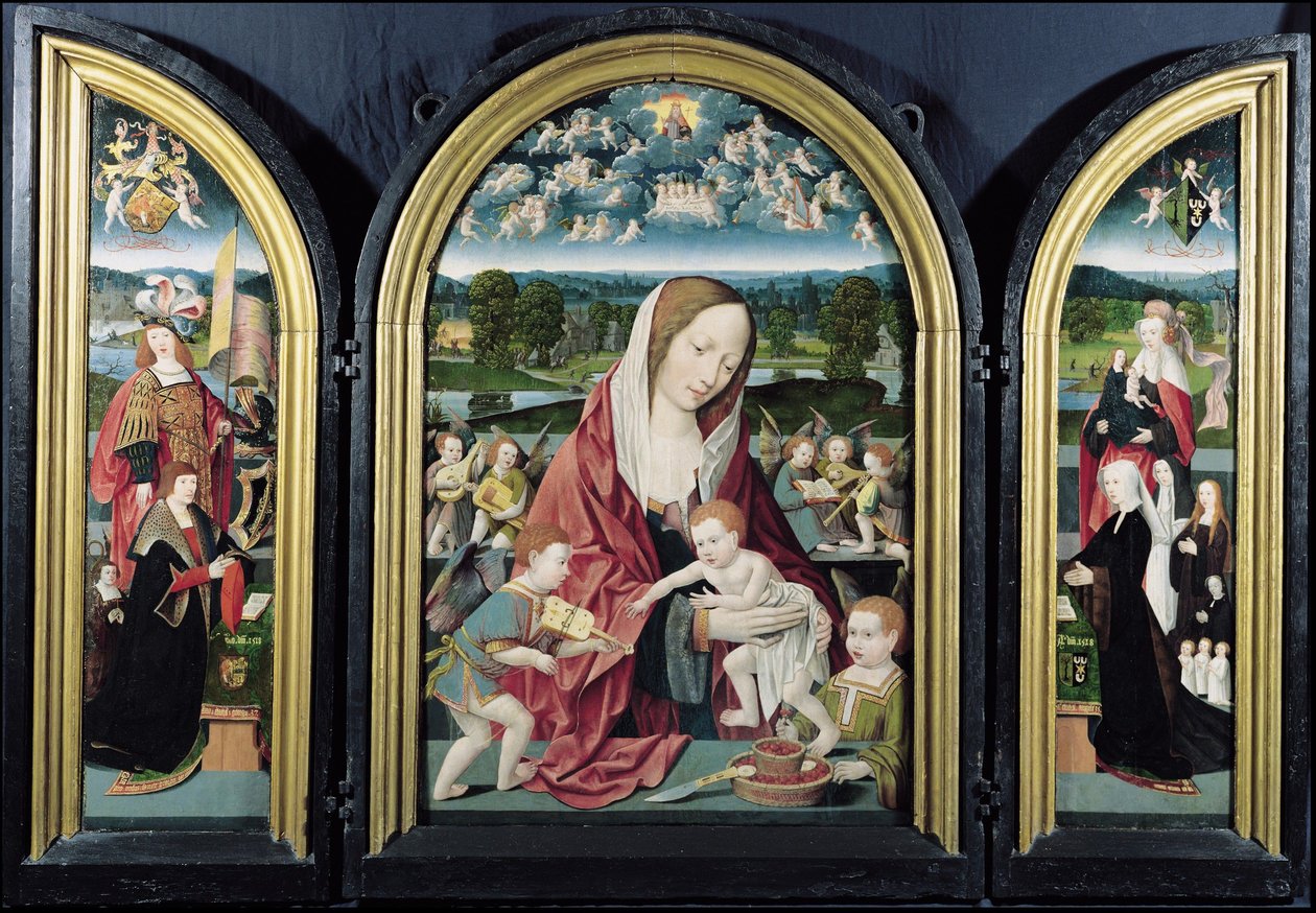العذراء والطفل مع ملائكة صناعة الموسيقى وعائلة Sampsons-Coolen ، Triptych ، 1500-1525 بواسطة جاكوب كورنيليز فان أوستسانين